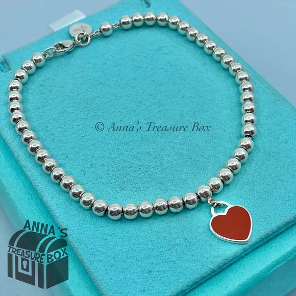 Tiffany & Co. 925 Silver Red Enamel RTT Mini Heart Beaded 7.5