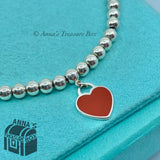 Tiffany & Co. 925 Silver Red Enamel RTT Mini Heart Beaded 7.5" Bracelet (pouch)