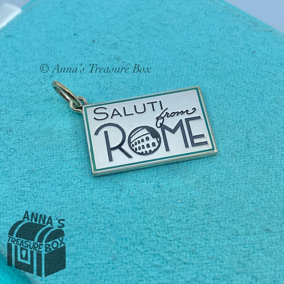 Tiffany & Co. 925 Silver Blue Enamel Rome Postcard Charm (box, pouch, ribbon)