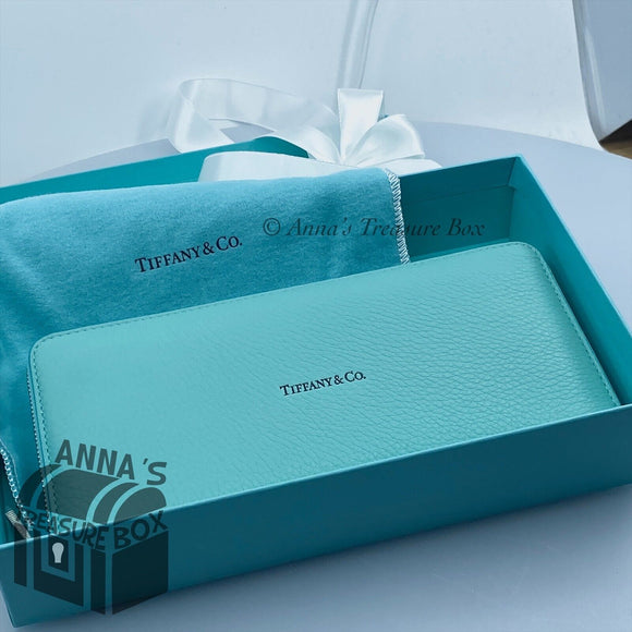 Tiffany & Co. Blue Leather Calfskin LARGE Zip Wallet (box, pouch, ribbon)