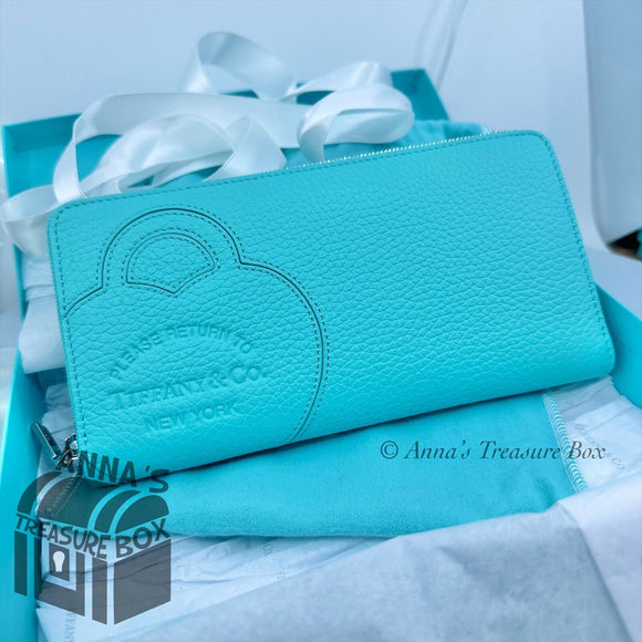 Tiffany & Co. Blue Leather Calfskin RTT LARGE Zip Wallet (box, pouch, ribbon)