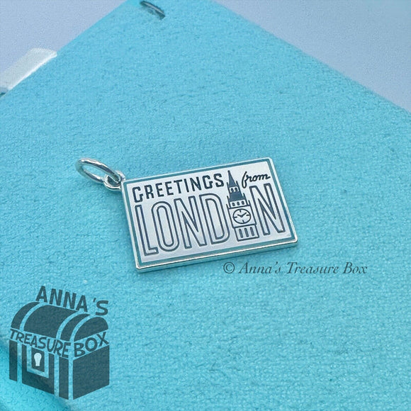 Tiffany & Co. 925 Silver Blue Enamel London Postcard Charm (bx, pch, rbbn)