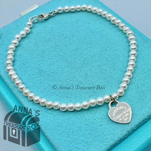 Tiffany & Co. 925 Silver RTT Heart Tag 3mm Pearl 7.5" Bracelet (bx, pouch, rbn)