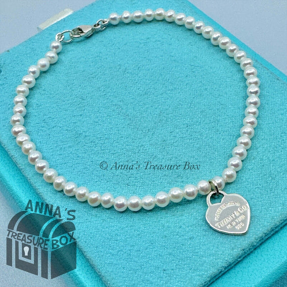 Tiffany & Co. 925 Silver RTT Heart Tag 3mm Pearl 7.5