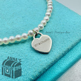 Tiffany & Co. 925 Silver RTT Heart Tag 3mm Pearl 7.5" Bracelet (bx, pouch, rbn)