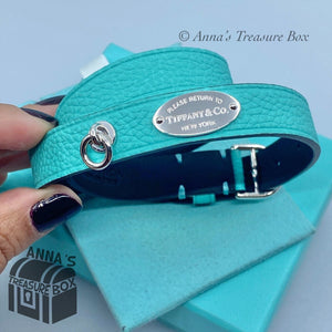 Tiffany & Co. 925 Silver Blue Leather Double Wrap Bracelet S-M (Box, Pch, Rbn)