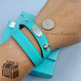 Tiffany & Co. 925 Silver Blue Leather Double Wrap Bracelet S-M (Box, Pch, Rbn)