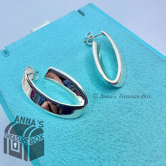 Tiffany & Co. 925 Silver Funky Geometric Oval Hoops Earrings (box, pouch, ribbon