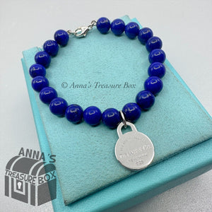 Tiffany & Co. 925 Silver 8mm Lapis Lazuli RTT Round Tag 7.5" Bracelet (Boxset)