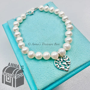 Tiffany & Co. 925 Silver Olive Heart 7-8mm Pearl 7.5" Bracelet  (bx, pch, rbn)