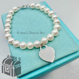 Tiffany & Co. 925 Silver RTT Heart Tag 7-8mm Pearl 7.5" Bracelet (bx, pch, rbn)