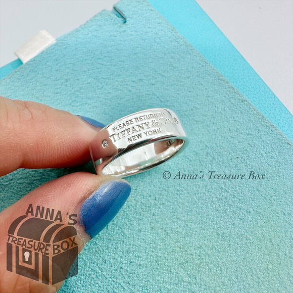 Return to Tiffany & Co. 925 Silver Narrow Ring With Diamonds Sz. 5.75 (boxset)