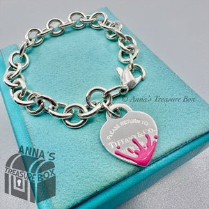 Tiffany & Co. 925 Silver Blue Enamel Splash RTT Heart Tag 7.5" Bracelet (pouch)