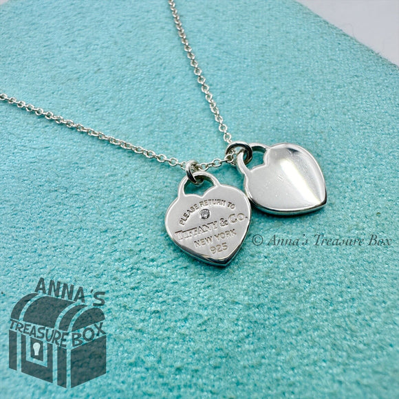 Tiffany & Co. 925 Silver Mini RTT Hearts Diamond 16” Necklace (pouch)