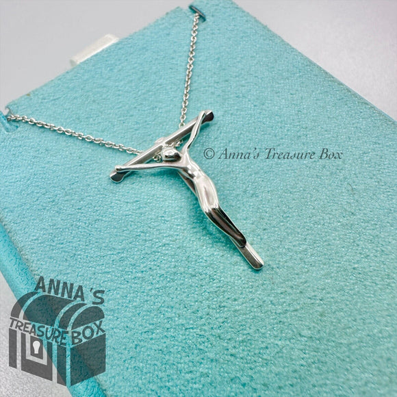 Tiffany & Co. 925 Silver Elsa Peretti 28mm Crucifix Cross 16” Necklace (pouch)