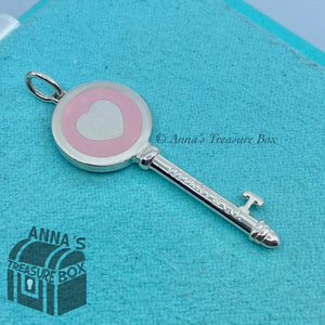 Tiffany & Co. 925 Silver Pink Enamel Heart Key Pendant Charm (box, pouch, rbbn)